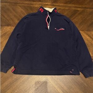 Vintage Tommy Hilfiger Quarter Zip Sweatshirt Navy Blue Logo Collar Mens Large